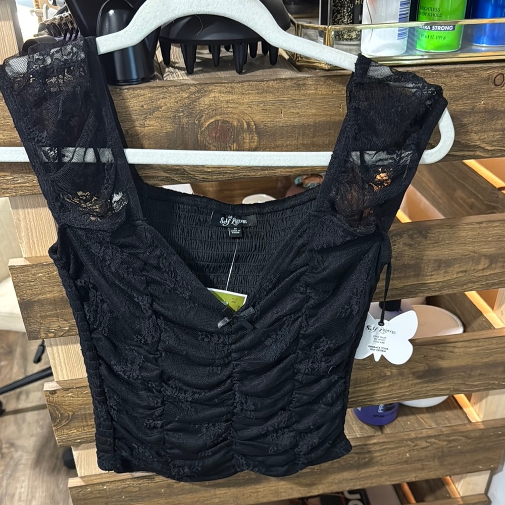 Self Esteem Black Lace Ruched Blouse